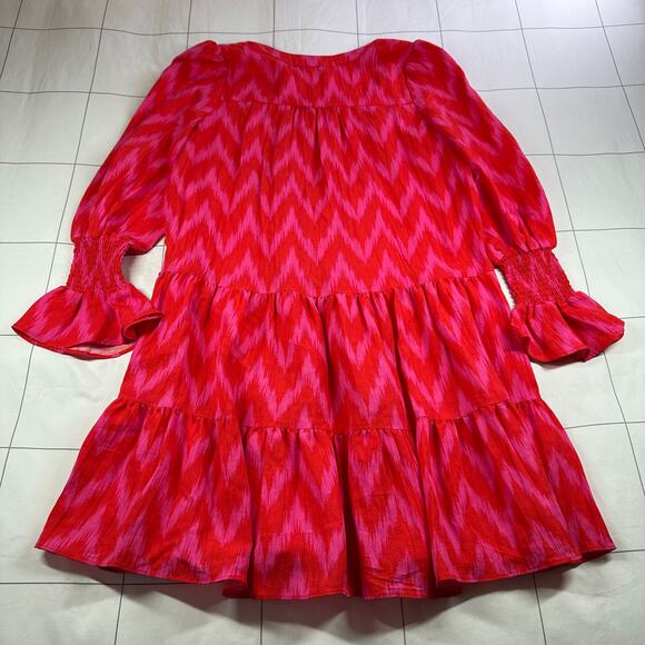Pomander Place Dress Womens Medium Pink Kenzo Ikat Chevron Tiered Long Sleeve - Picture 4 of 11